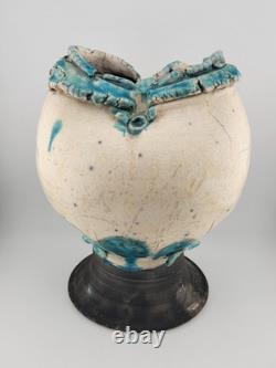 Rare Unique One Of A Kind Vintage Crackled Style Ceramic Vase W 2 Openings