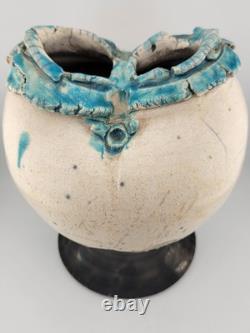 Rare Unique One Of A Kind Vintage Crackled Style Ceramic Vase W 2 Openings