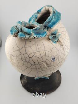 Rare Unique One Of A Kind Vintage Crackled Style Ceramic Vase W 2 Openings