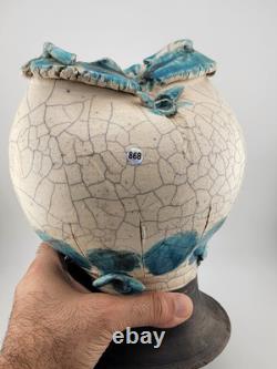 Rare Unique One Of A Kind Vintage Crackled Style Ceramic Vase W 2 Openings