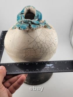 Rare Unique One Of A Kind Vintage Crackled Style Ceramic Vase W 2 Openings