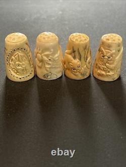 Rare ivory thimble set Very Unique One Of A Kind. Dragon, Cat, Elephant, Owl