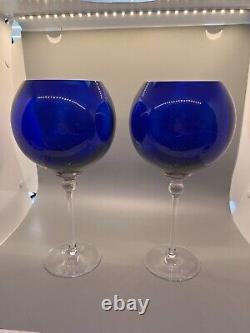 STUNNING Pair Cobalt Blue Balloon Wine Gobelets Handblown Signed One of a Kind