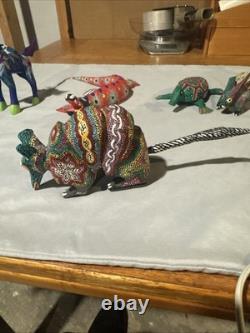 Set Of One Of A Kind Hand Painted Signed Mexican Wood Carved Animals