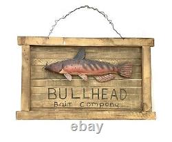 Sign Plaque Fish Fishing Wooden Bullhead Bait Cabin Old Vintage Wall Decor 28