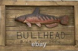 Sign Plaque Fish Fishing Wooden Bullhead Bait Cabin Old Vintage Wall Decor 28