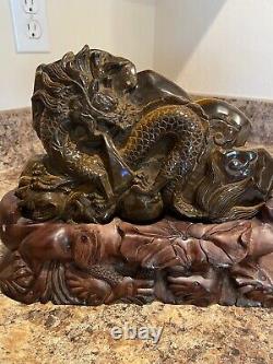 Unique One Of A Kind Japanese Dragon Statue With Wooden Base