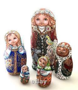 Unique Russian Nesting DOLL Hand Painted in watercolor One of kind Babushka set