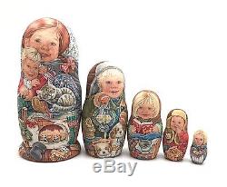 Unique Russian Nesting DOLL Hand Painted in watercolor One of kind Babushka set