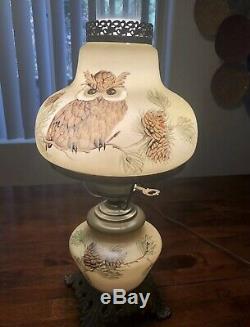 VTG GWTW Hurricane Green Owl Raised Brass Lamps. One Of A Kind Hand Painted