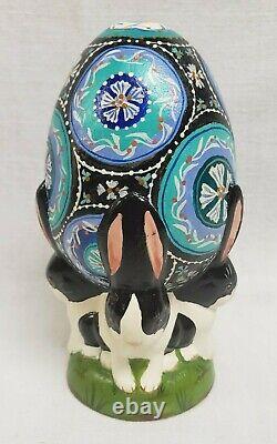 Vaillancourt Chalkware Easter One of a Kind Small Black and Blue Egg withRabbits