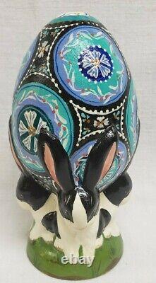 Vaillancourt Chalkware Easter One of a Kind Small Black and Blue Egg withRabbits