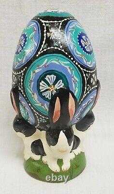 Vaillancourt Chalkware Easter One of a Kind Small Black and Blue Egg withRabbits