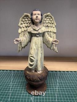 Vintage Hand Carved & Painted 14 Angel On Pedestal One Of A Kind FREE SHIP