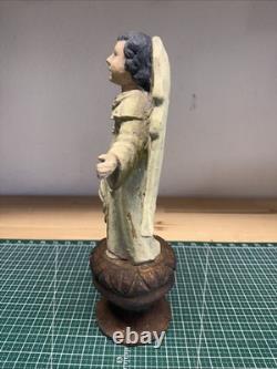 Vintage Hand Carved & Painted 14 Angel On Pedestal One Of A Kind FREE SHIP