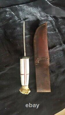 Vintage Handmade Hunting Knife Bone Inlay Stag Horn One Of A Kind Rare Signed MB