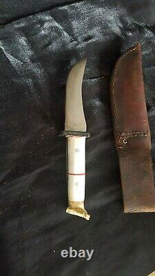 Vintage Handmade Hunting Knife Bone Inlay Stag Horn One Of A Kind Rare Signed MB