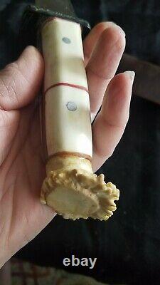 Vintage Handmade Hunting Knife Bone Inlay Stag Horn One Of A Kind Rare Signed MB