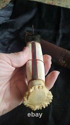 Vintage Handmade Hunting Knife Bone Inlay Stag Horn One Of A Kind Rare Signed MB