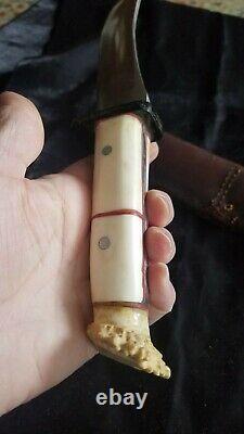 Vintage Handmade Hunting Knife Bone Inlay Stag Horn One Of A Kind Rare Signed MB