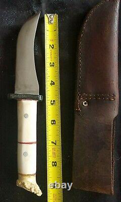 Vintage Handmade Hunting Knife Bone Inlay Stag Horn One Of A Kind Rare Signed MB