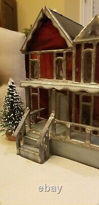 Vintage Handmade One Of A Kind Stained Glass House Mr. & Mrs. Santa Claus