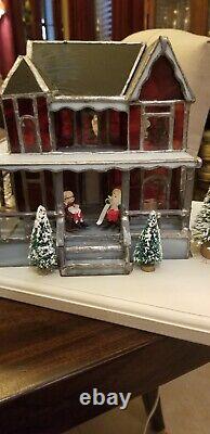 Vintage Handmade One Of A Kind Stained Glass House Mr. & Mrs. Santa Claus