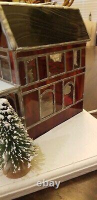 Vintage Handmade One Of A Kind Stained Glass House Mr. & Mrs. Santa Claus