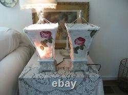 Vintage ONE OF KIND Paris Pink ROSES on Creamy White Romantic Lamps