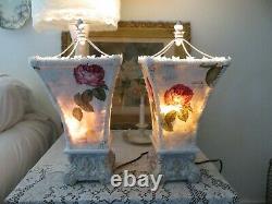 Vintage ONE OF KIND Paris Pink ROSES on Creamy White Romantic Lamps