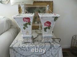 Vintage ONE OF KIND Paris Pink ROSES on Creamy White Romantic Lamps