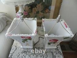 Vintage ONE OF KIND Paris Pink ROSES on Creamy White Romantic Lamps