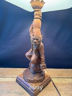 Vintage One of a Kind Handcarved Folk Art Wooden Monkey Table Lamp 30