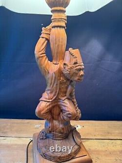 Vintage One of a Kind Handcarved Folk Art Wooden Monkey Table Lamp 30