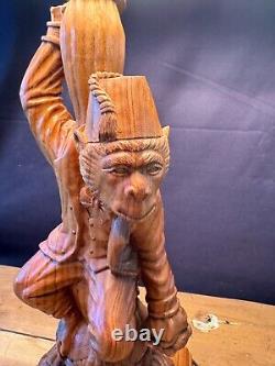 Vintage One of a Kind Handcarved Folk Art Wooden Monkey Table Lamp 30