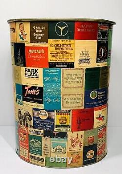 Vintage Pearl-Wick Mid-Century Metal Trash Can with Matchbox Collage One Of A Kind