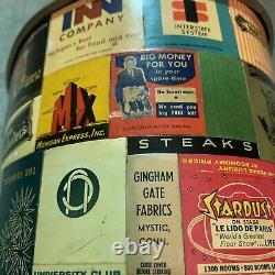 Vintage Pearl-Wick Mid-Century Metal Trash Can with Matchbox Collage One Of A Kind