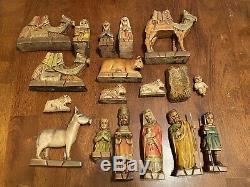 Vintage Rare One-Of-A-Kind Wood Carved Nativity Set 18 Piece Set + Manger