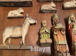 Vintage Rare One-Of-A-Kind Wood Carved Nativity Set 18 Piece Set + Manger