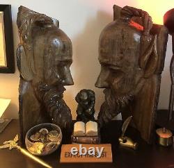 Wood Tree Carved Viking And Odin God Faces (bookends) Rare One Of A Kind! 1' 7