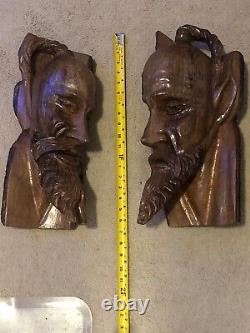 Wood Tree Carved Viking And Odin God Faces (bookends) Rare One Of A Kind! 1' 7