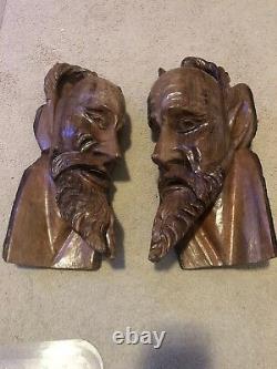 Wood Tree Carved Viking And Odin God Faces (bookends) Rare One Of A Kind! 1' 7