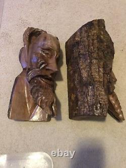 Wood Tree Carved Viking And Odin God Faces (bookends) Rare One Of A Kind! 1' 7