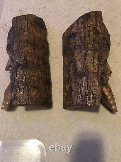 Wood Tree Carved Viking And Odin God Faces (bookends) Rare One Of A Kind! 1' 7