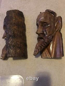 Wood Tree Carved Viking And Odin God Faces (bookends) Rare One Of A Kind! 1' 7