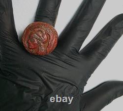300 av. J.-C. Anneau hololithique romain antique authentique, gemme gravée représentant Minerve