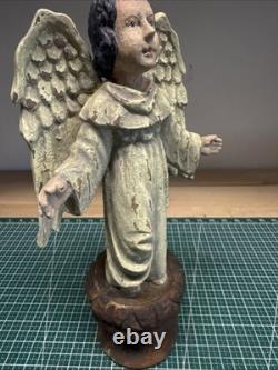 Angel en bois sculpté et peint vintage 14 sur piédestal, pièce unique, LIVRAISON GRATUITE
