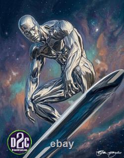 Art de la bande dessinée, peinture acrylique unique en son genre / Le Surfer d’Argent dans la galaxie