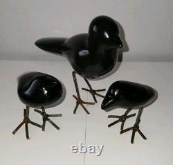 Art vintage BENARD NKANJO Famille d’oiseaux en serpentine et fer Sculptures signées