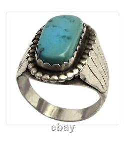 BAGUE EN ARGENT STERLING VINTAGE NAVAJO MORINCI TURQUOISE UNIQUE EN SON GENRE TAILLE 10